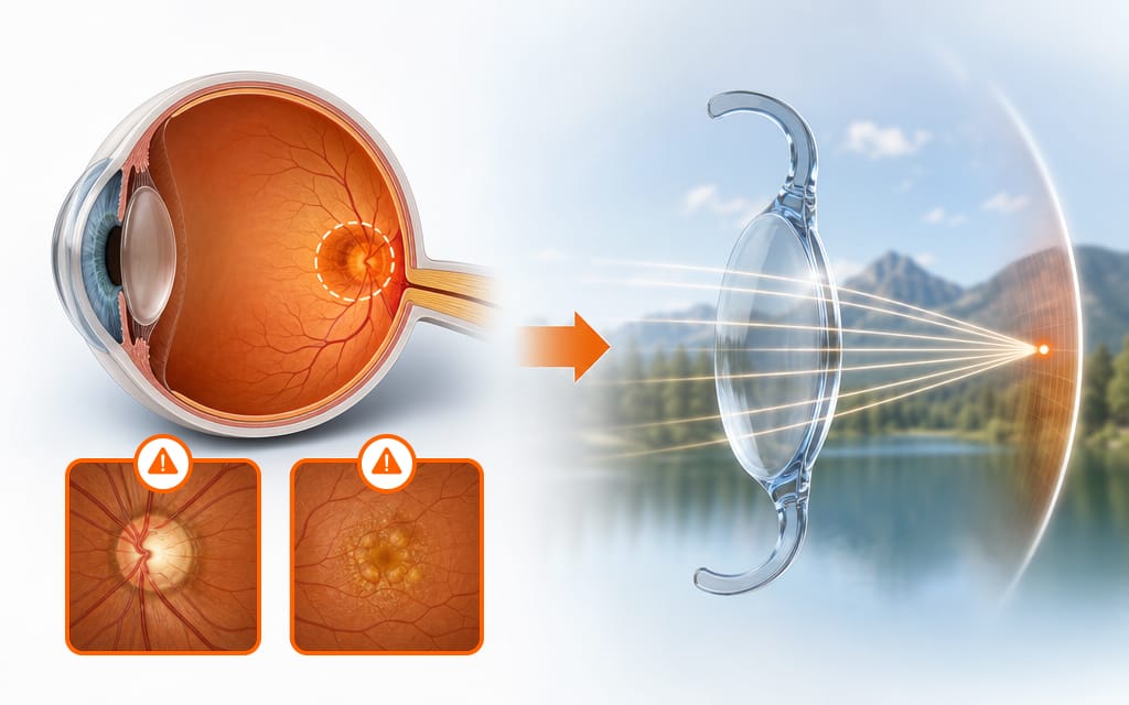 An infographic highlighting why monofocal IOLs are prioritized for patients with underlying ocular diseases