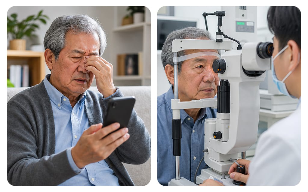 An elderly patient undergoing YAG laser capsulotomy to treat posterior capsule opacification (PCO)