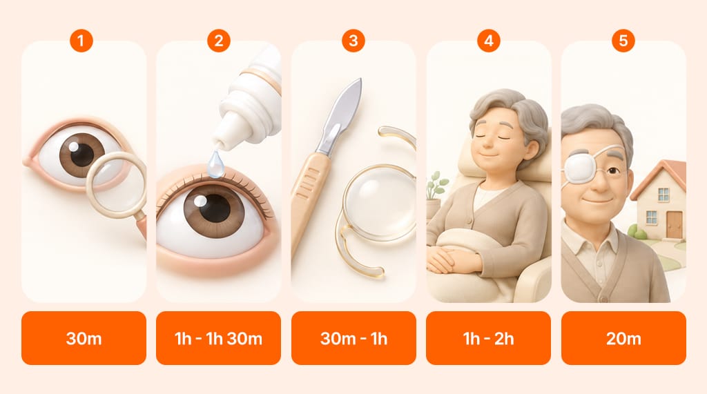 An infographic showing the standard schedule for cataract surgery day from admission to discharge