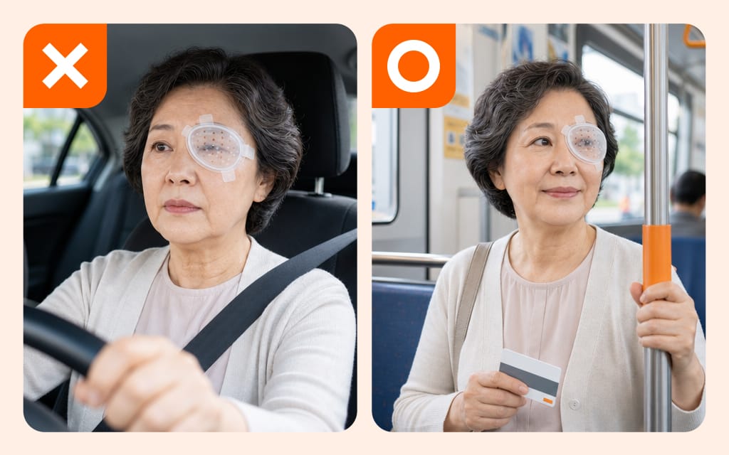 An image comparing discouraged transportation like driving against recommended options like public transit after cataract surgery