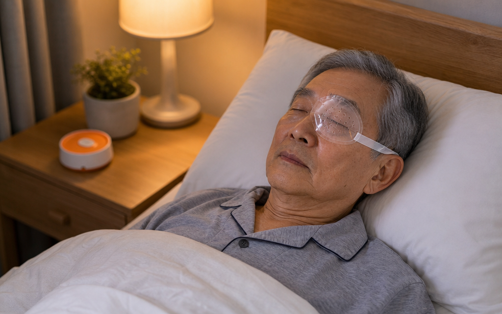 A cataract patient sleeping while wearing a protective eye shield