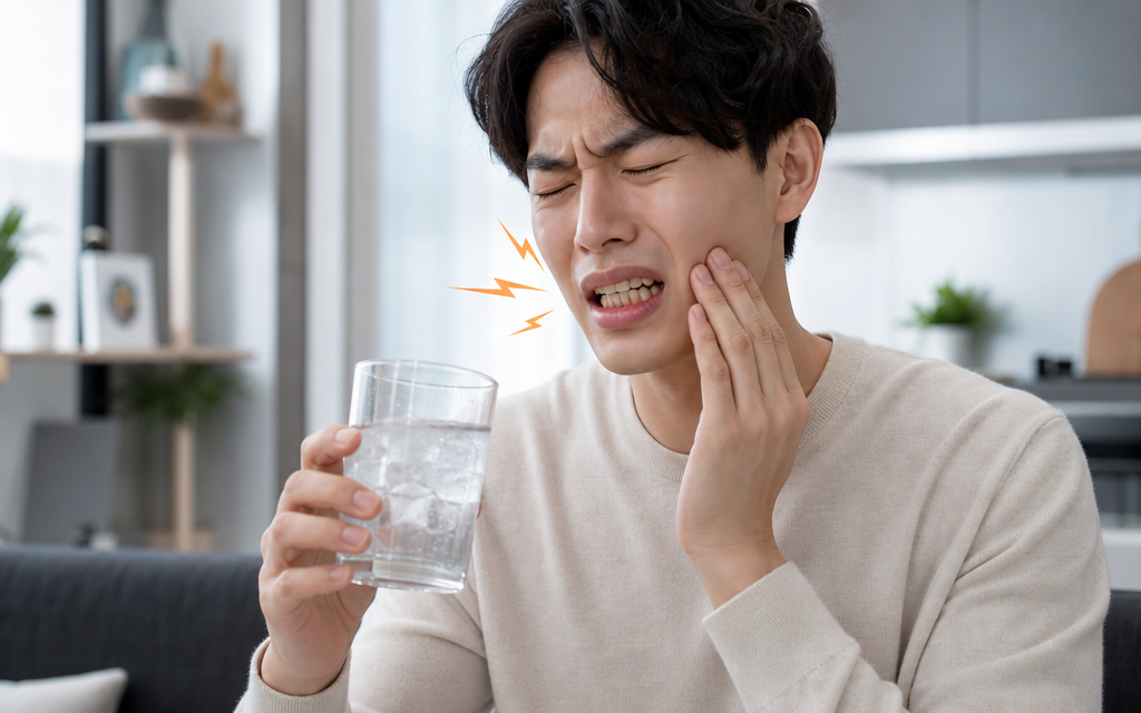 A young adult patient experiencing sharp hypersensitivity pain while drinking cold water