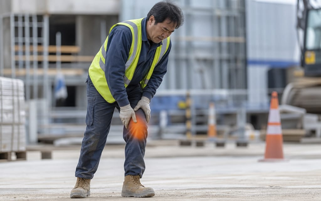A 40-to-50-something field worker struggling due to an inability to fully extend their knee.