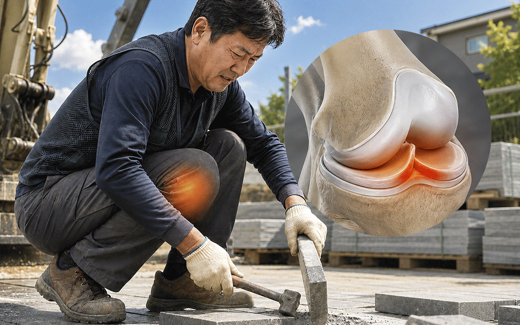 A middle-aged field worker crouching in a deep squat at a job site, putting stress on the meniscus.