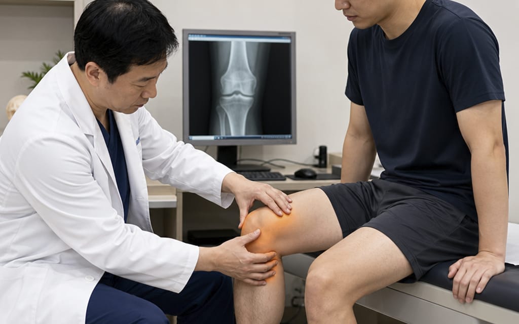 An orthopedic specialist palpating around a patient's knee joint line to check for localized tenderness.