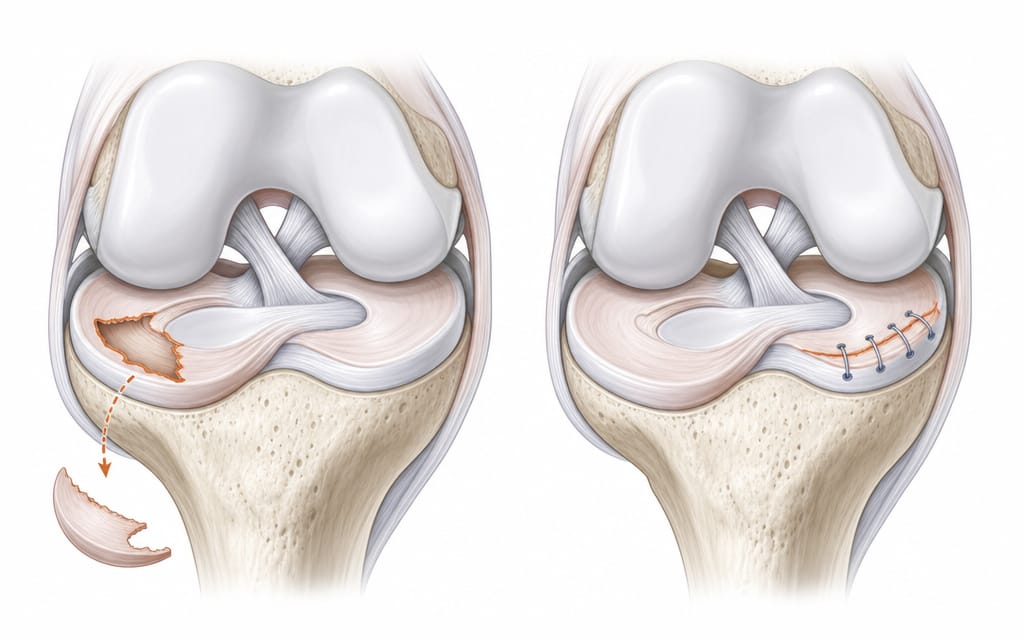 A medical illustration comparing partial meniscectomy (resection) versus meniscal repair.