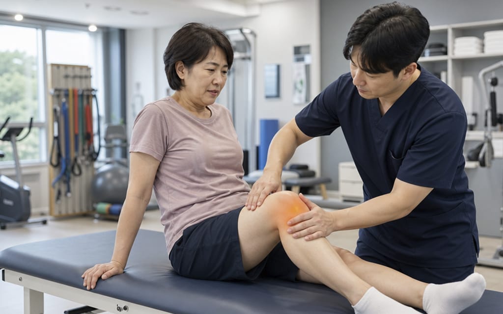 A middle-aged patient undergoing physical therapy for conservative meniscus injury management.