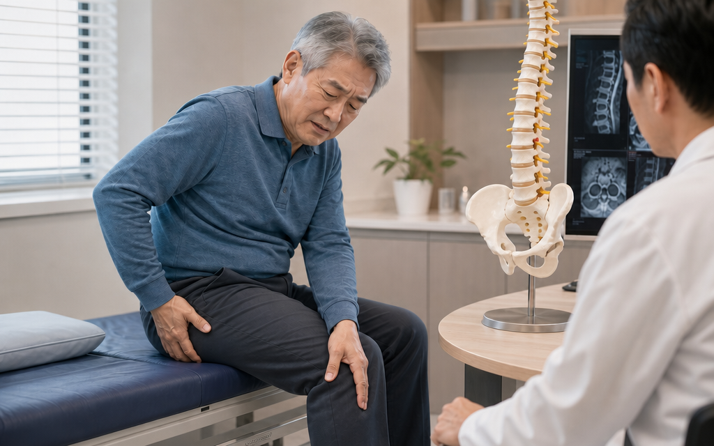 An elderly patient looking uncomfortable due to leg numbness and sciatica symptoms.