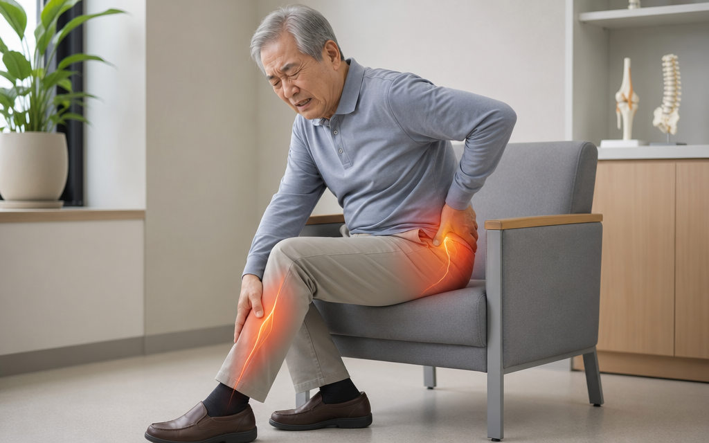 An elderly patient experiencing hip and leg numbness while sitting on a chair.