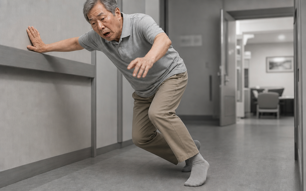 An elderly patient who fell due to sudden leg weakness caused by progressive motor deficit.