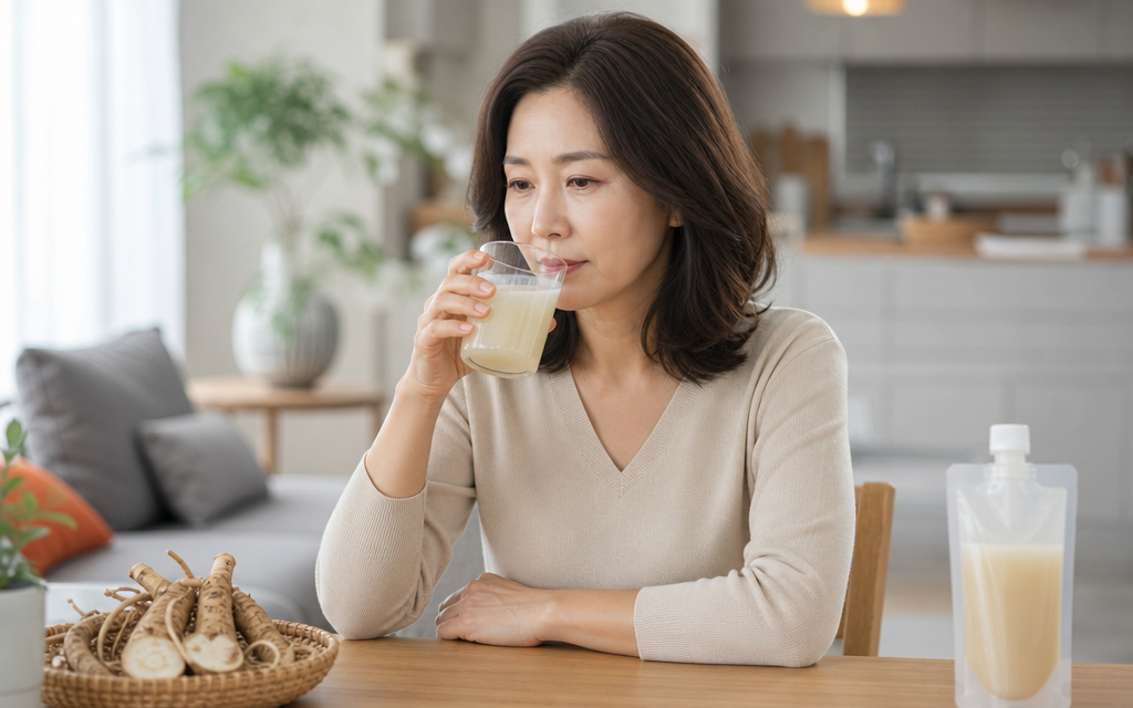 A menopausal woman drinking kudzu root (Pueraria) juice