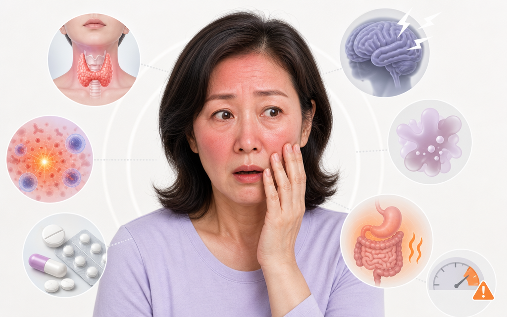 An infographic illustrating various contributing factors to hot flashes and facial flushing during menopause