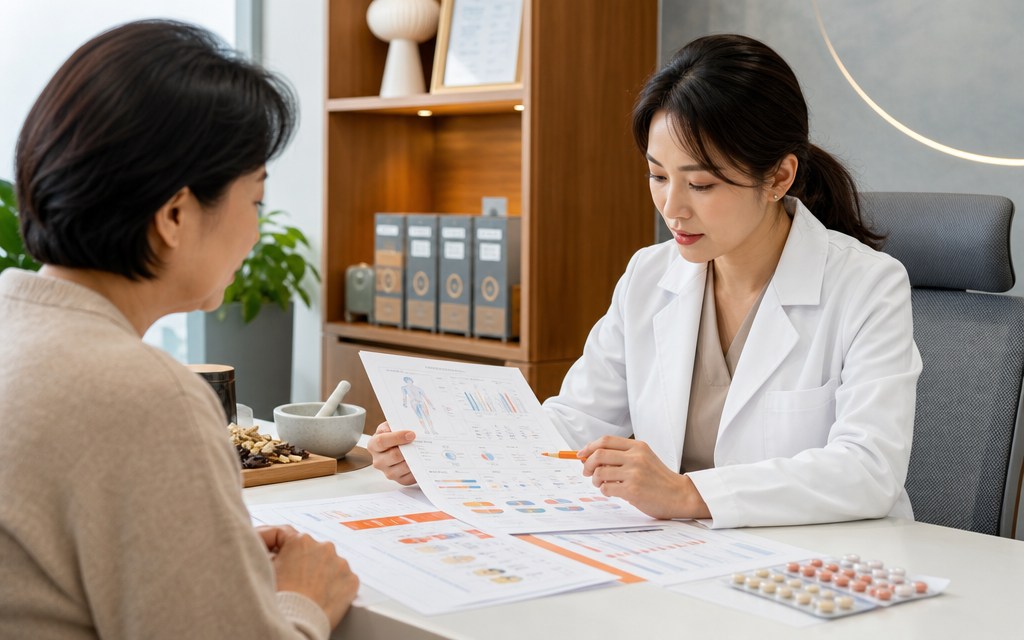 A Korean medicine doctor reviewing a patient's medical test results and medication list to plan customized herbal treatment