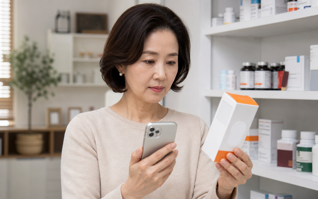 A middle-aged woman holding a dietary supplement while looking up information on her smartphone