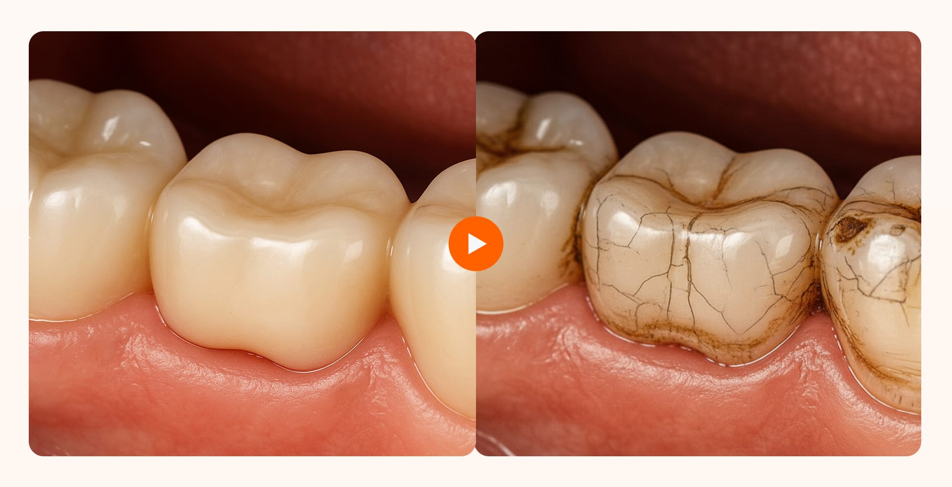 A visual comparison between a new dental bridge and an aged, discolored, cracked bridge reaching the end of its lifespan