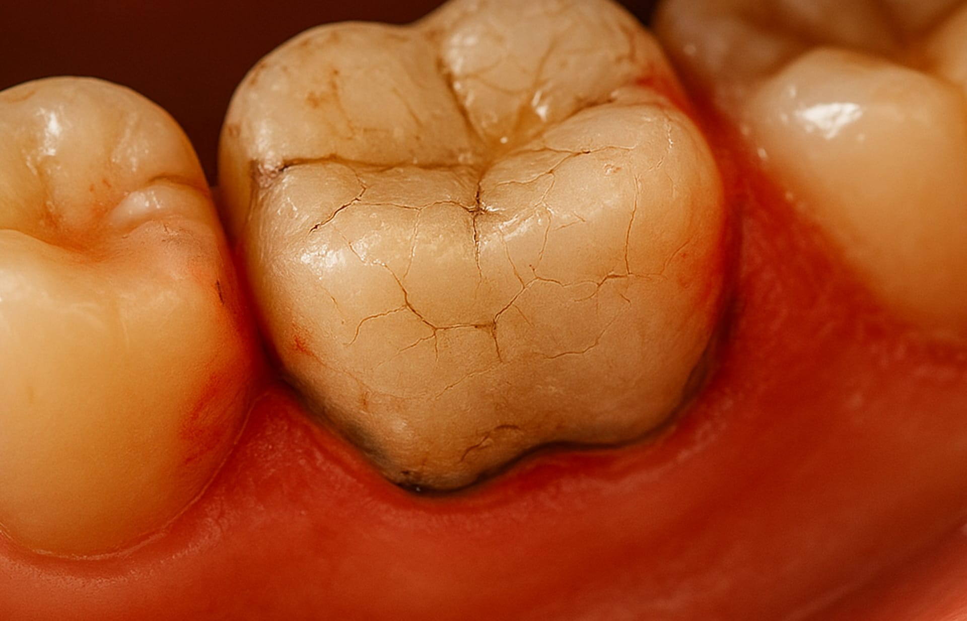 A detailed image depicting severe secondary decay progressing underneath a dental bridge with minor visible surface damage