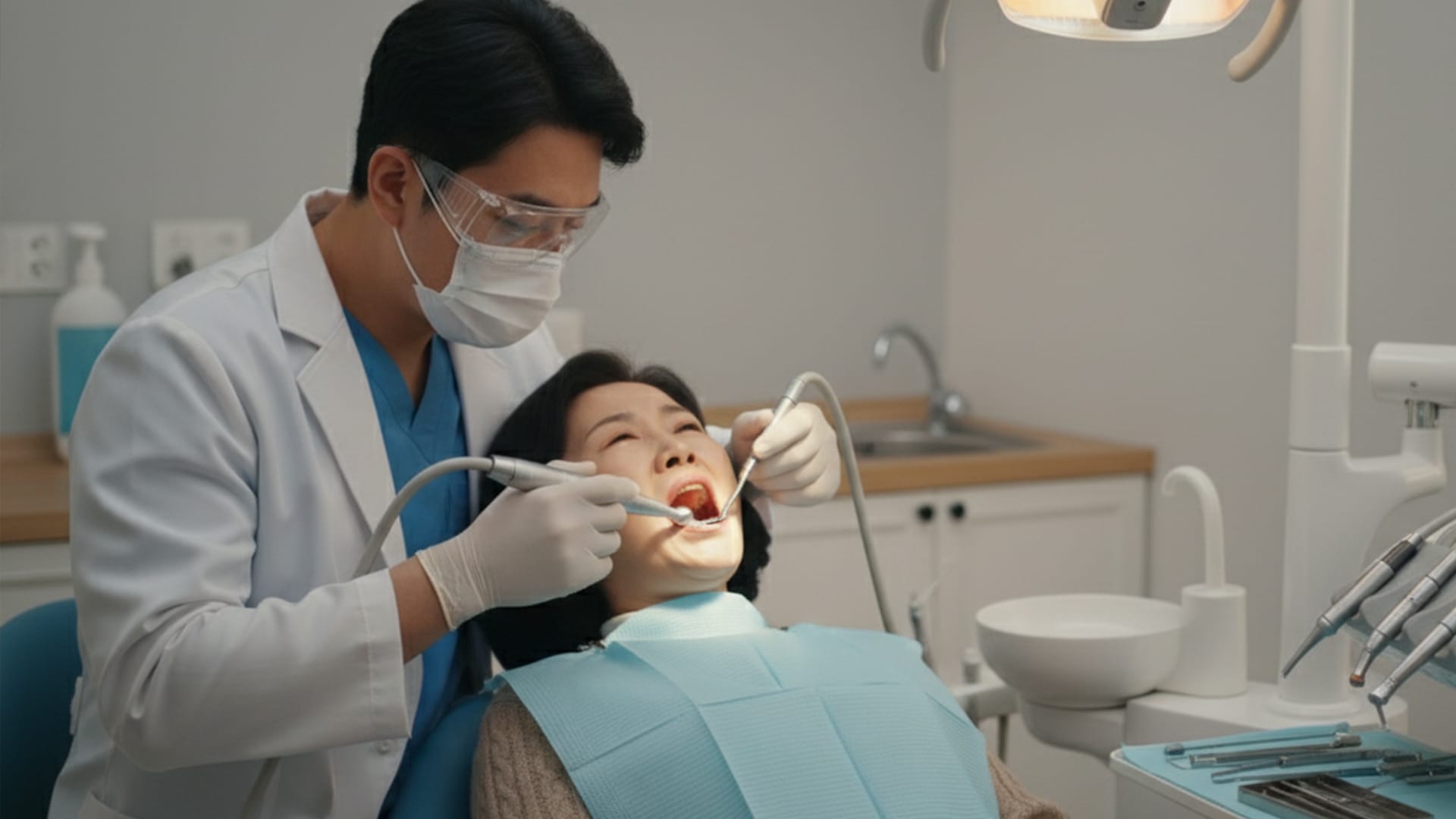 A patient receiving dental bridge treatment in a clinical setting