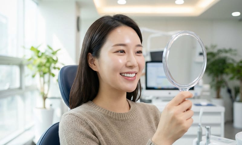 A woman smiling brightly while looking in a mirror immediately after receiving same-day veneers