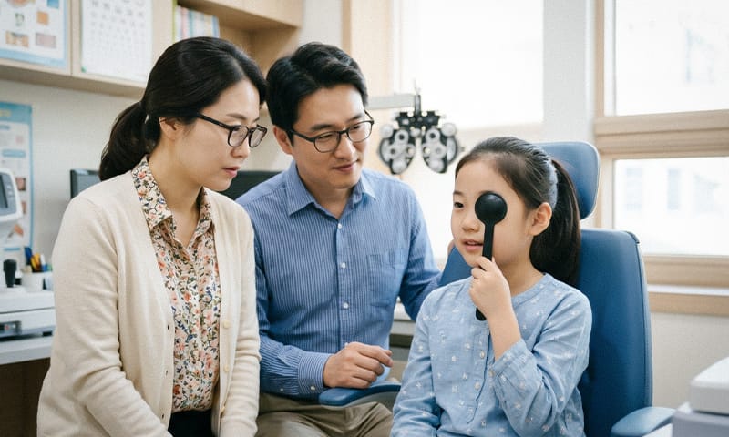 Parents wearing glasses watching their child undergo a vision exam at an eye clinic