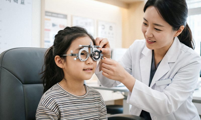 A child wearing trial glasses while an eye specialist adjusts the lens power