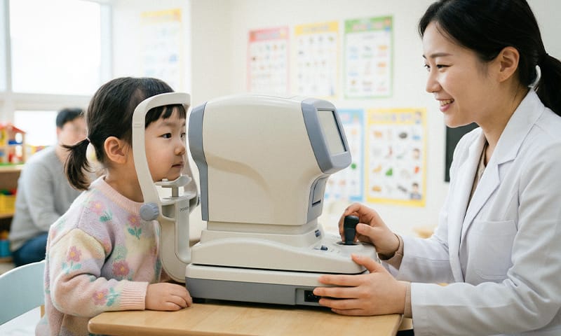 A young child aged 3 to 4 having an eye examination using automated diagnostic equipment