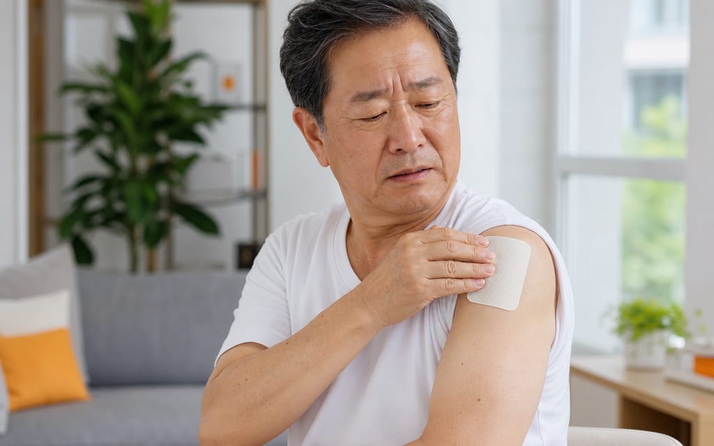 An elderly patient applying a pain relief patch to their shoulder