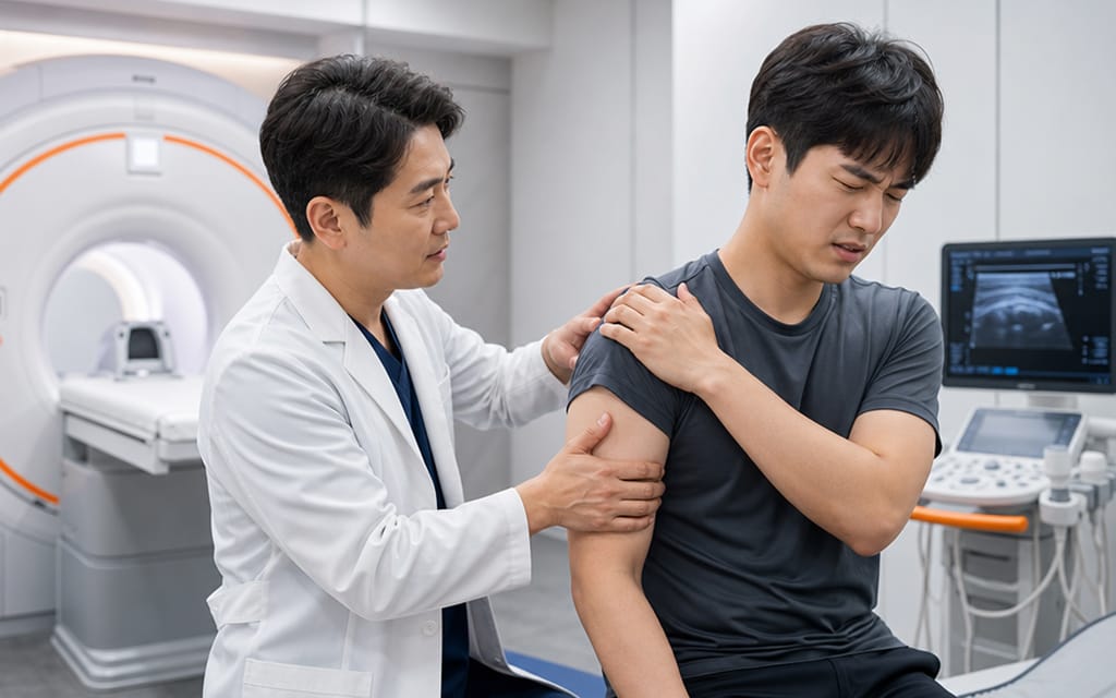 A doctor examining a patient suffering from severe shoulder pain