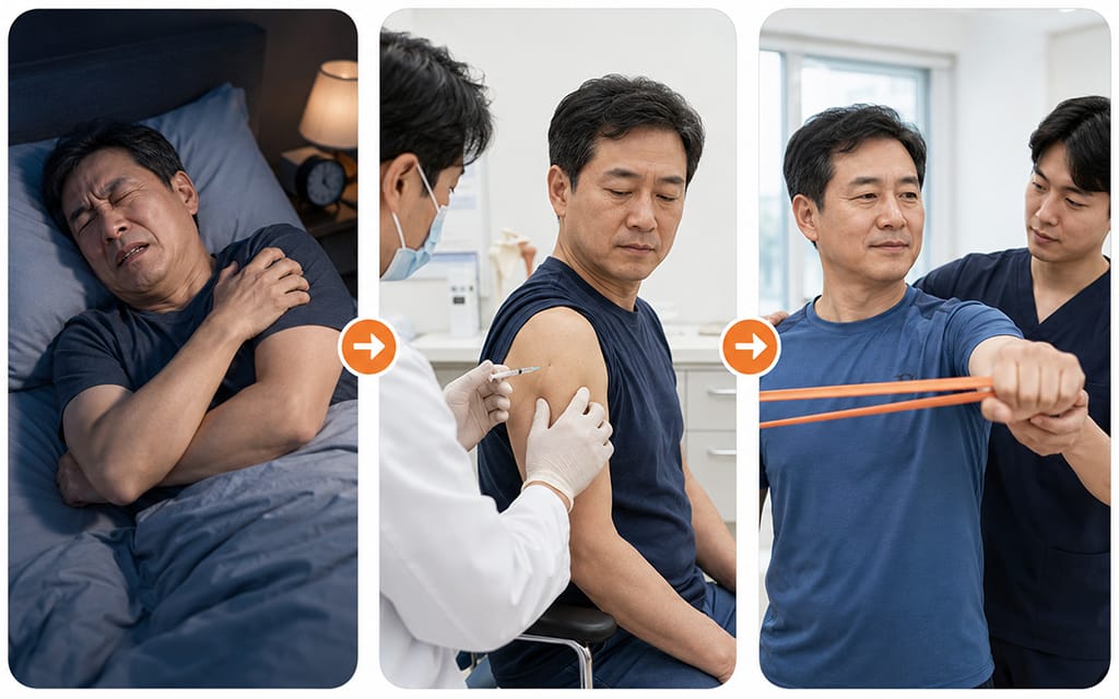 An infographic outlining the treatment sequence for patients with concurrent frozen shoulder and rotator cuff tear