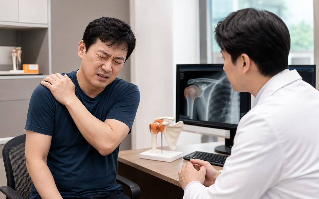 A patient with severe shoulder pain receiving a consultation at a medical clinic