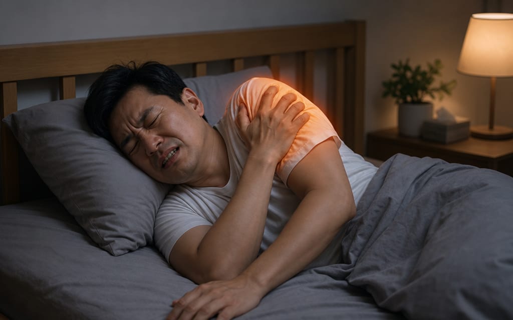A patient suffering from severe shoulder pain while trying to sleep at night