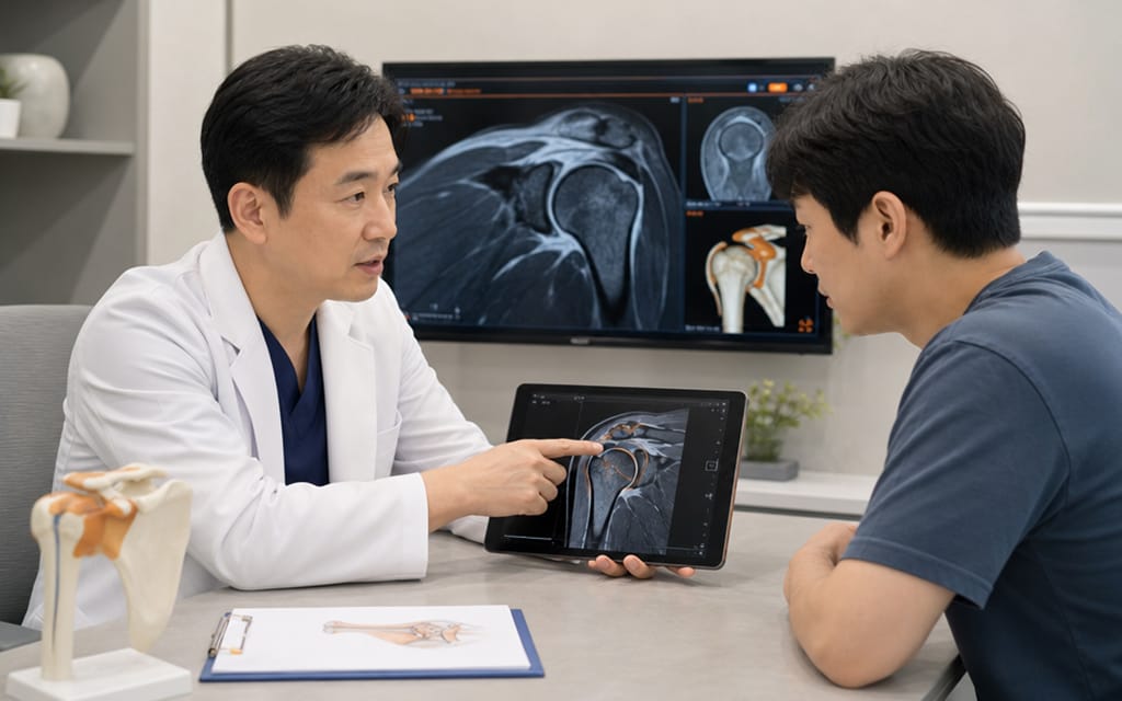 An orthopedic doctor reviewing diagnostic results with a patient in a consultation room