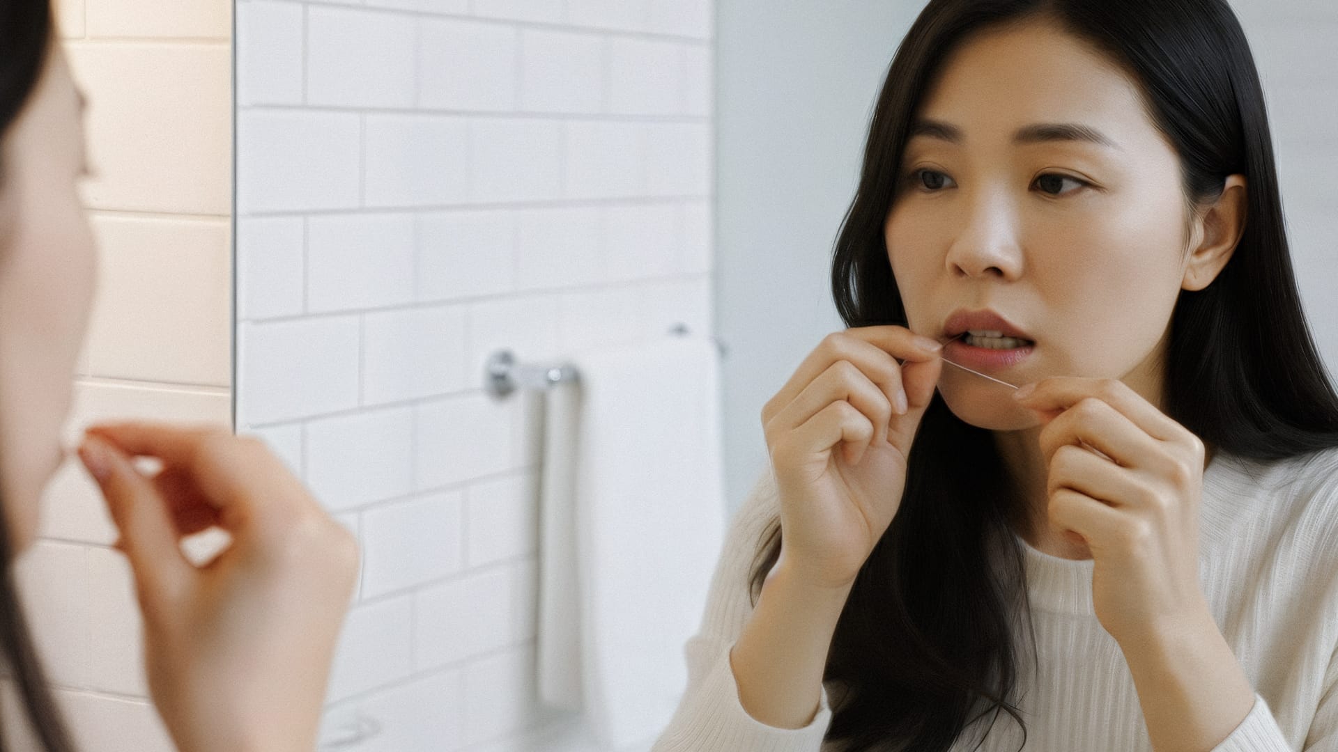 치주질환 예방을 위해 거울 앞에서 치실이나 치간 칫솔을 사용하여 구강 관리를 하고 있는 30~50대 성인의 모습