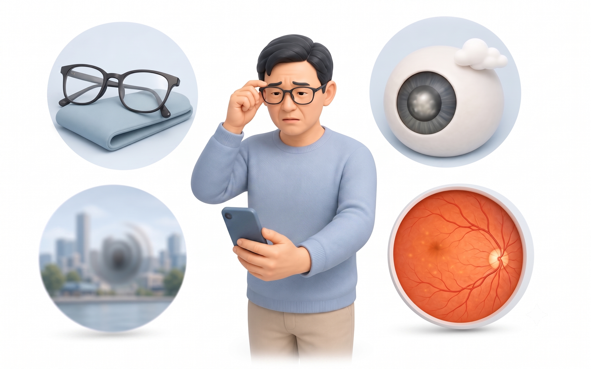 An image illustrating multiple causes of blurry vision in people in their 40s and 50s
