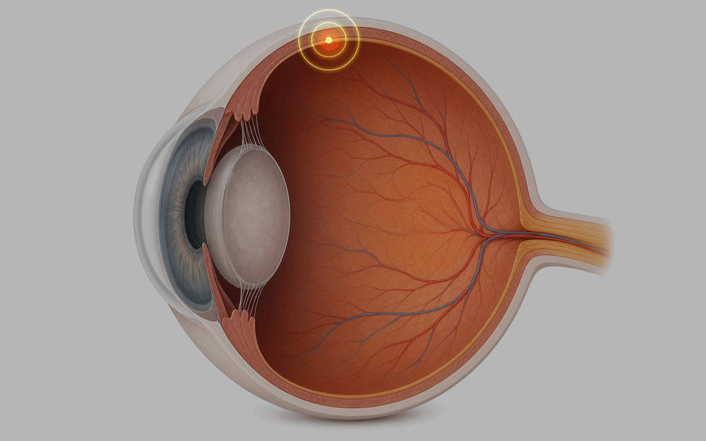 A cross-sectional eye diagram highlighting the retina and macula