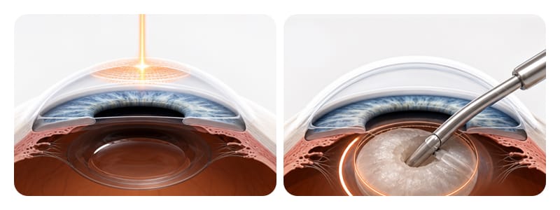 An illustration showing the difference in surgical sites between presbyopia LASIK and cataract surgery