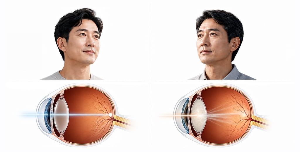 An infographic comparing conditions and age groups that require presbyopia LASIK versus cataract surgery
