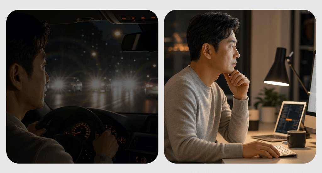 An image depicting lifestyle factors for choosing multifocal IOLs such as night driving and computer use