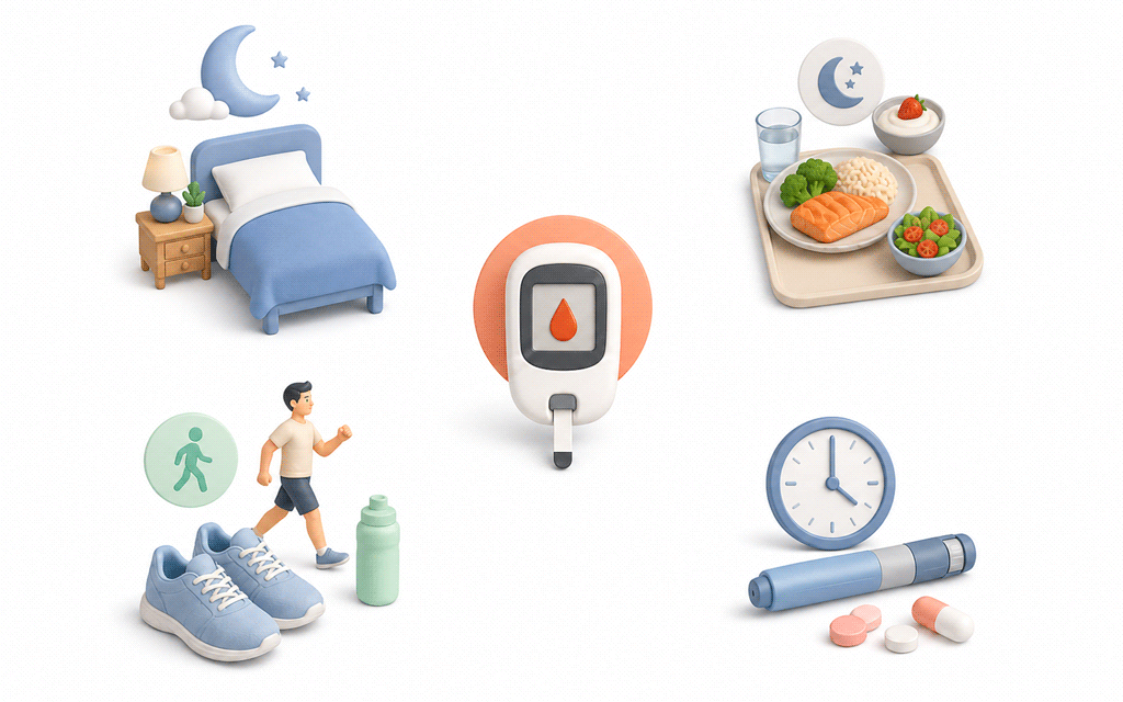 An infographic illustrating key medical factors affecting morning fasting blood glucose levels