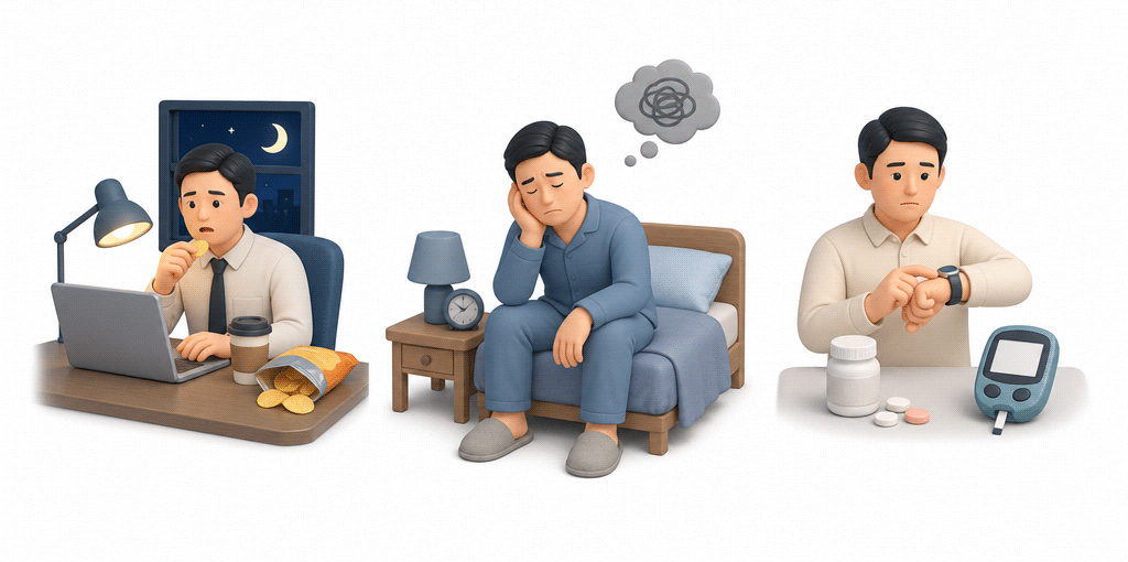 직장인 혈당을 흔드는 주요 위험 요인 3가지를 시각화한 이미