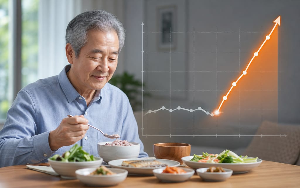 밥을 먹고 있는 고령 환자 뒤로 혈당을 나타내는 그래프가 가파르게 상승하고 있는 이미지