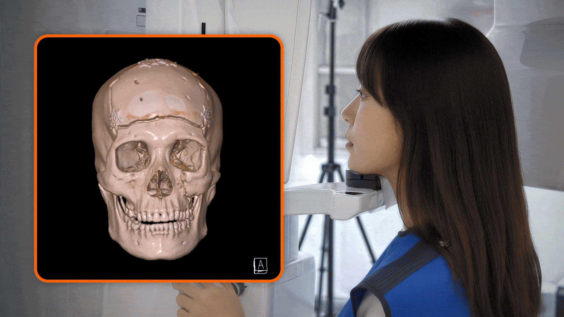 A patient undergoing a dental examination using 3D CT diagnostic imaging equipment