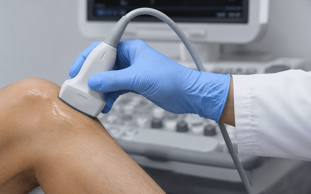 A medical photo of an ultrasound examination being performed on a swollen, fluid-filled knee