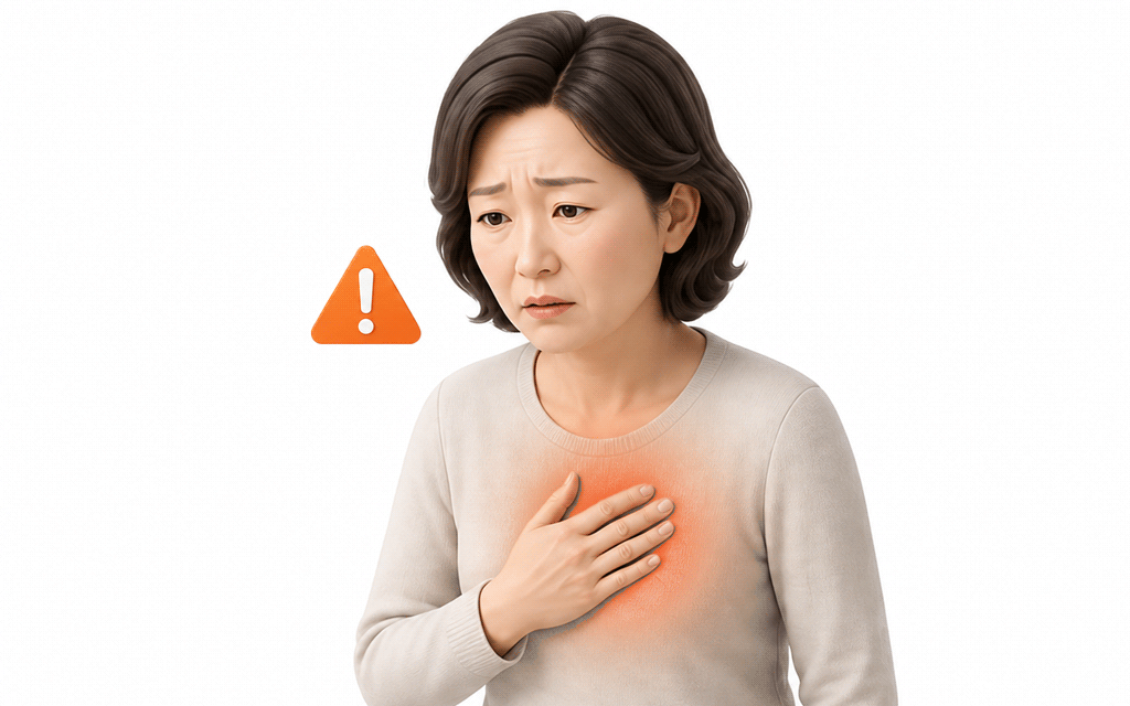 A middle-aged woman placing her hand over her chest due to heart palpitations