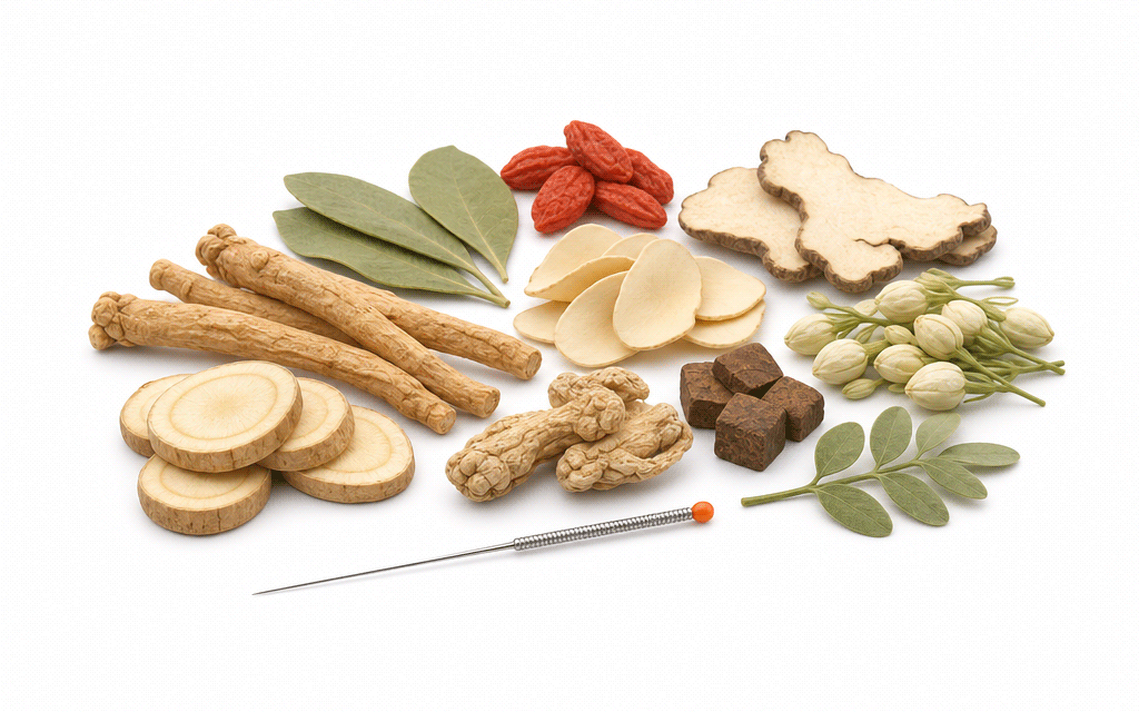 Acupuncture needles placed alongside various traditional herbal medicine ingredients