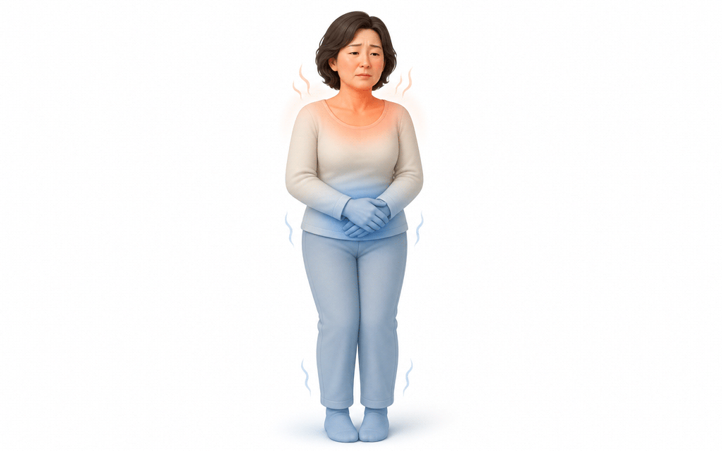 A medical graphic representing upper heat and lower cold syndrome in Korean Medicine