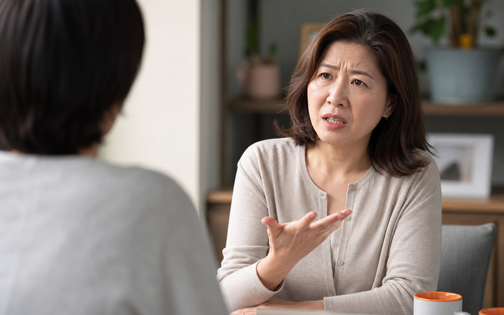 상대방과 대화를 나누다 신경질적인 표정을 짓고 있는 중년 여성의 모습