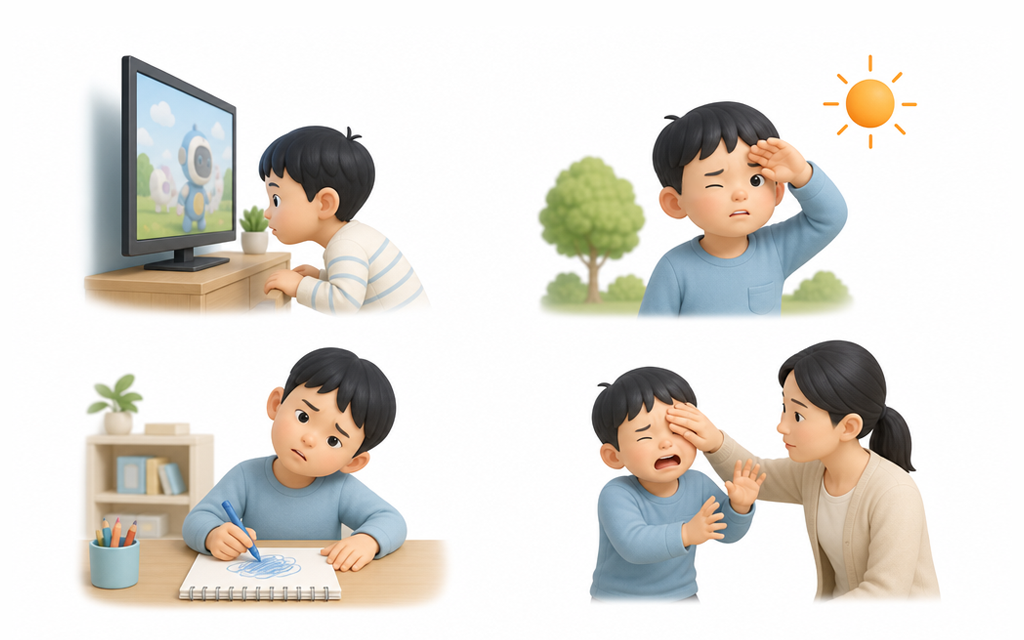An infographic visualizing 4 behavioral warning signs indicating pediatric vision decline