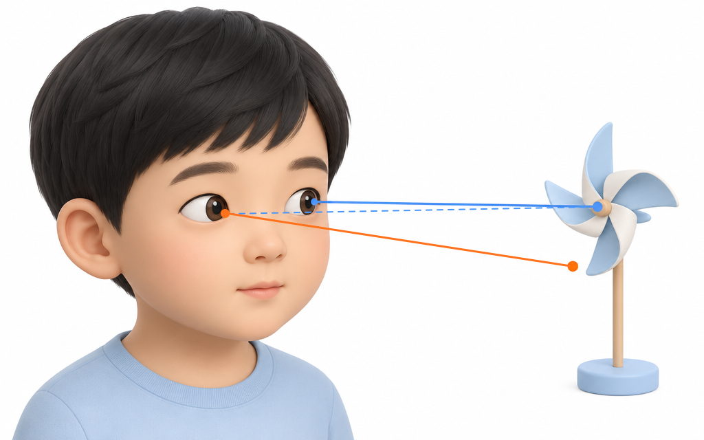 A medical diagram showing binocular alignment and focus points in strabismus