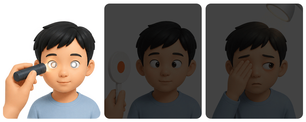 An illustration detailing 3 red-flag signs requiring immediate pediatric eye examination