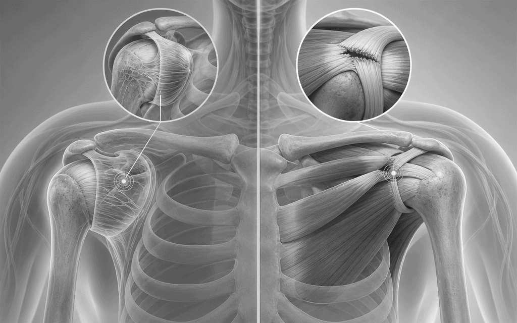 An illustration comparing anatomical sites causing frozen shoulder versus rotator cuff pain